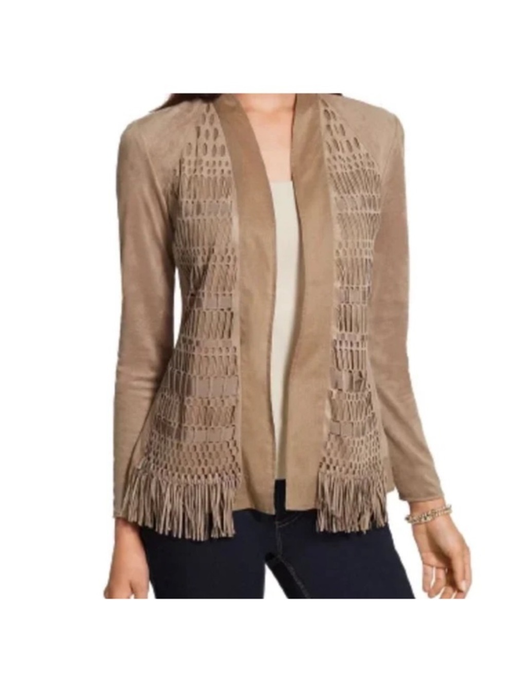 Chicos Jacket 1 US Medium Tan Faux Suede Lattice Fringe Cowgirl Boho Western - Picture 2 of 12